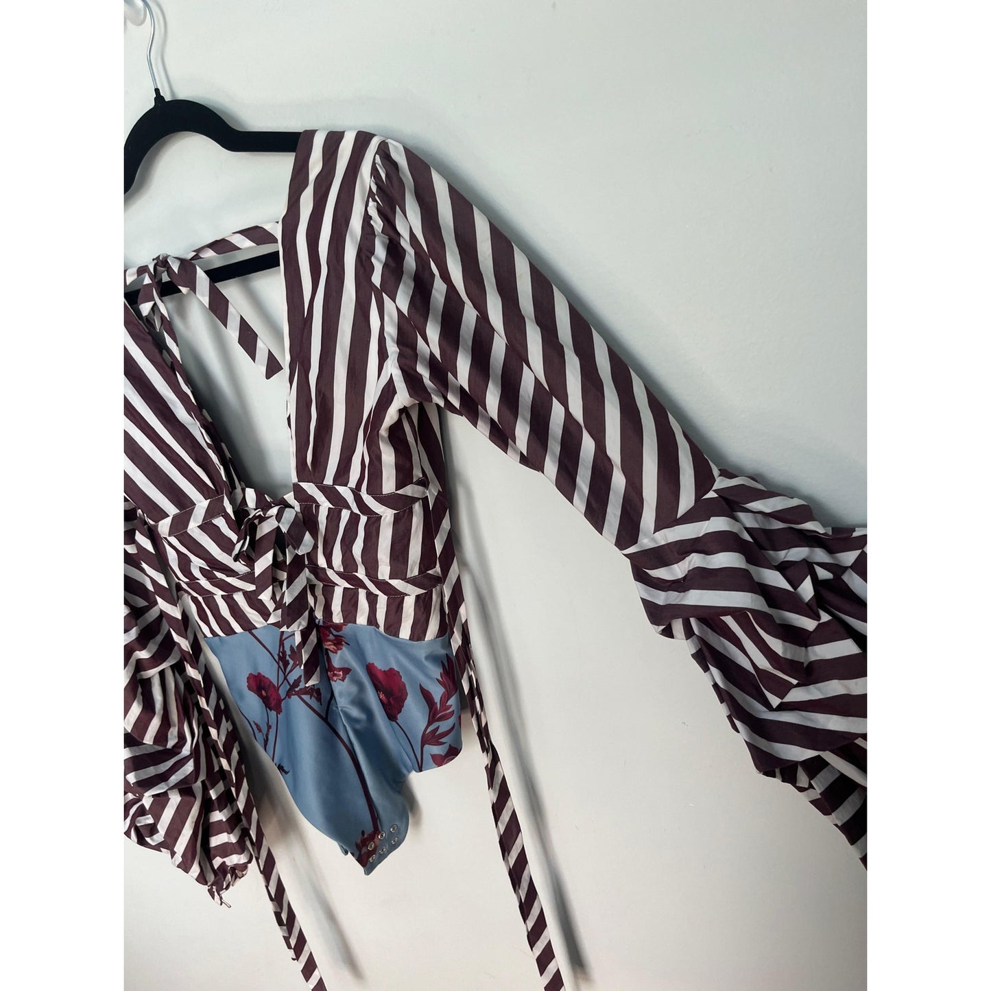 Johanna Ortiz Tie Back Blouse Women 0 Ruffle Sleeve Stripe Floral