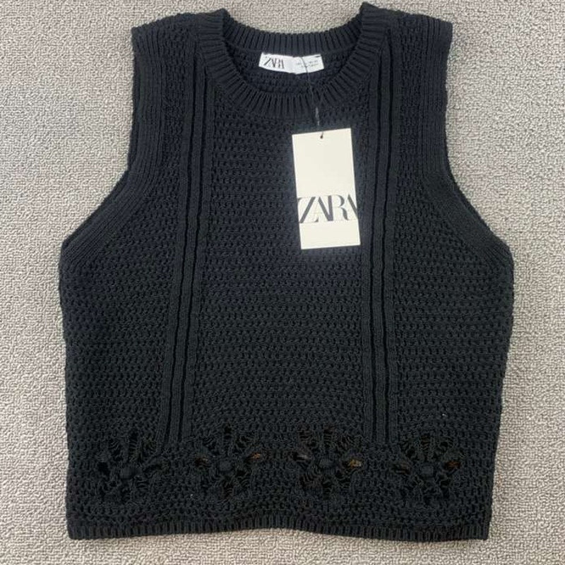 Zara Sweater Vest Women L Black Knit Crewneck Sleeveless Crochet Hem NWT