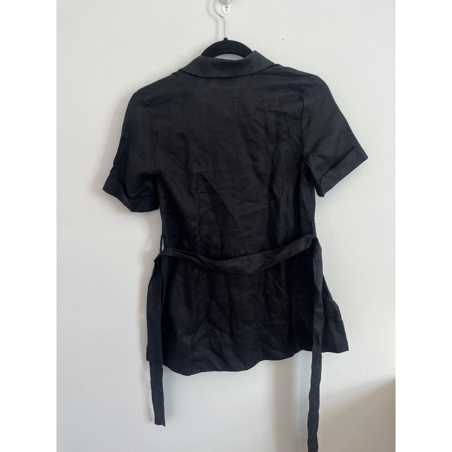 Wilfred Button Up Shirt Dress Women 2XS Black Linen Short Sleeve Belted