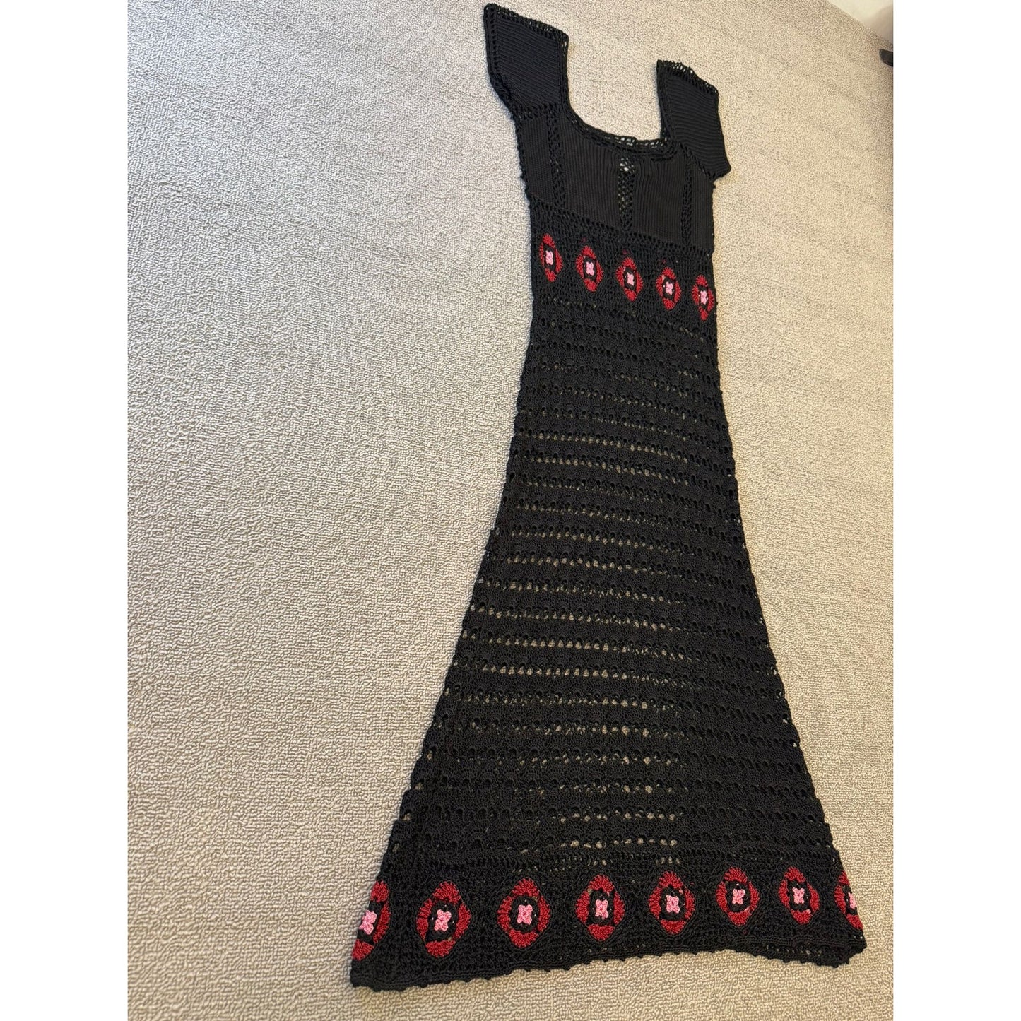 ABS by Allen Schwartz Crochet Small Maxi Dress Black Red Floral Boho