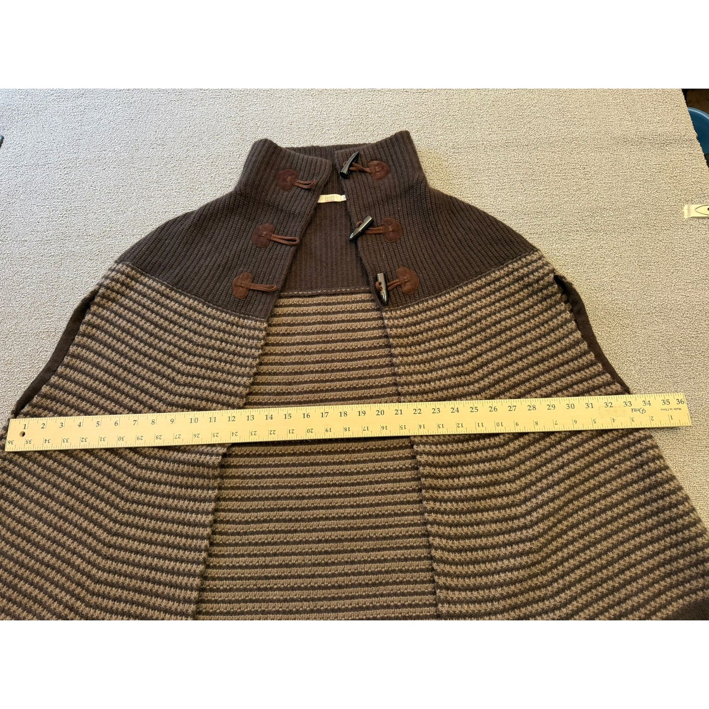 Raffi Cashmere M/L Brown Striped Knit Cape Poncho Toggle 100% Cashmere
