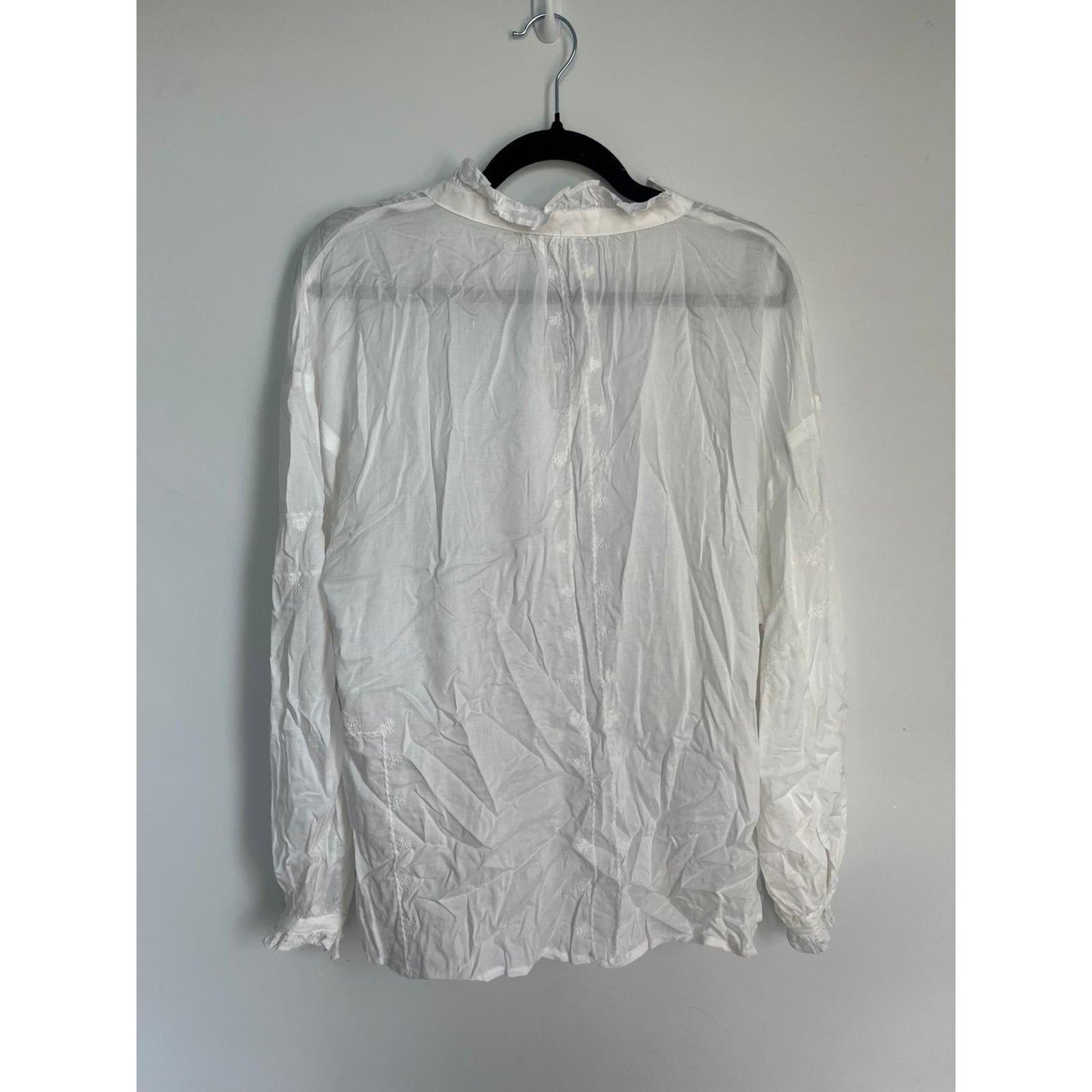MNG White Blouse Women 8 Sheer Long Sleeve Ruffle Collar Tie Neck Lightweight