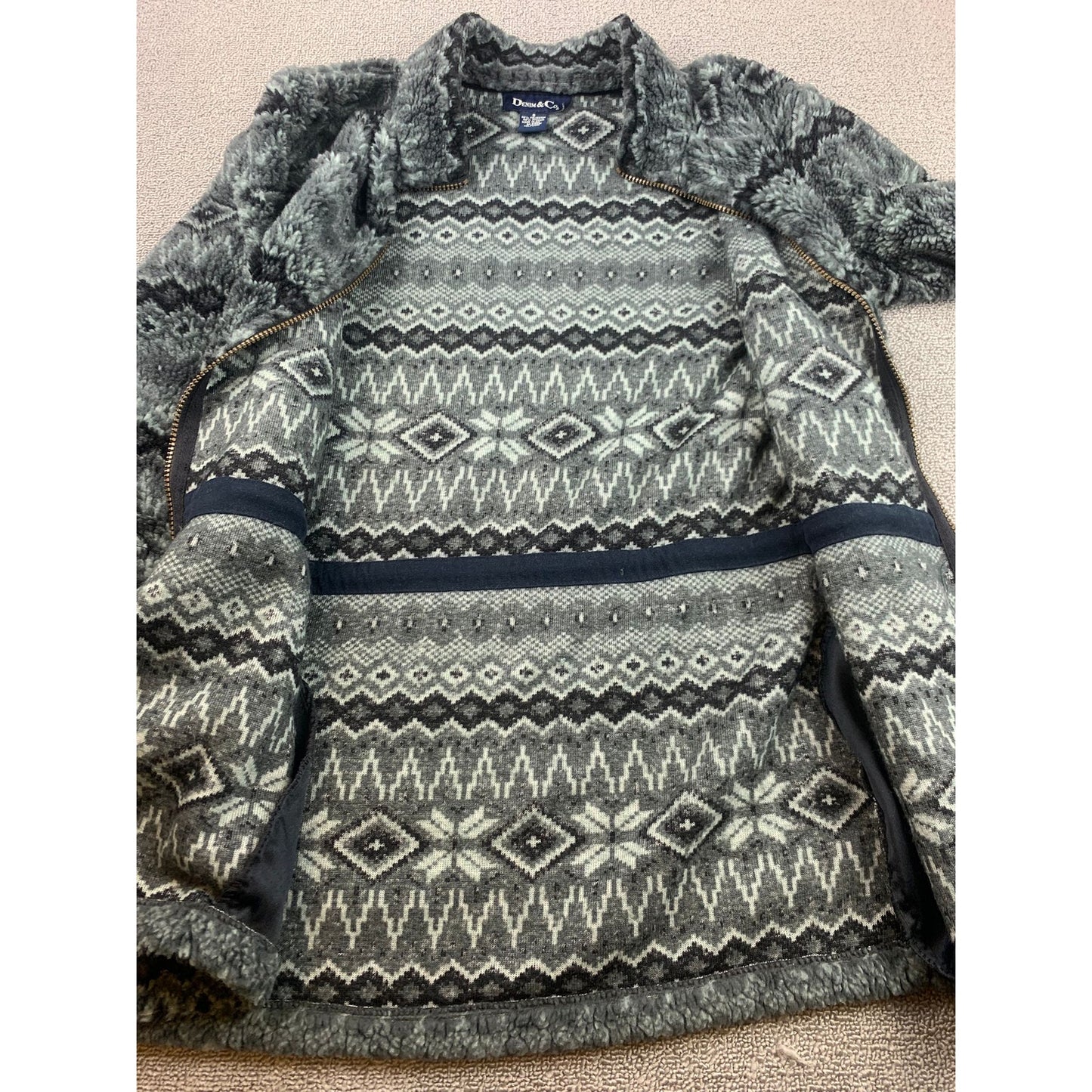 Denim & Co. Womens Small Gray Aztec Fuzzy Full Zip Sweater