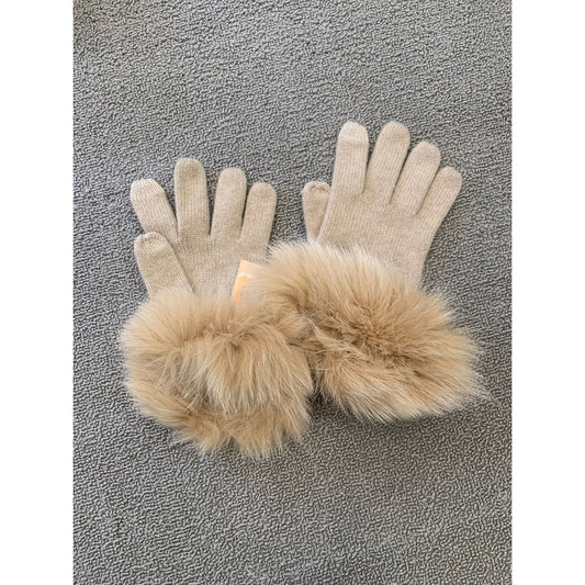 Sofia Cashmere Womens One Size Beige 100% Cashmere Gloves With Real Fur Trim