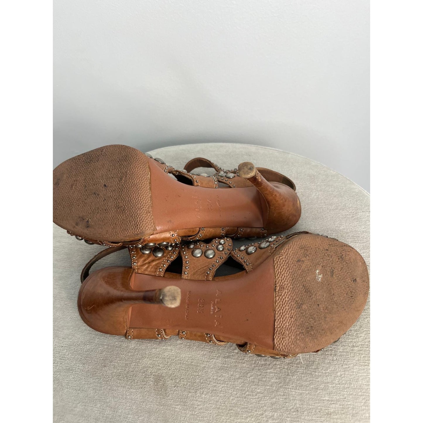 Alaia Studded Leather Heeled Sandals Women US8 Brown Strappy High Heel