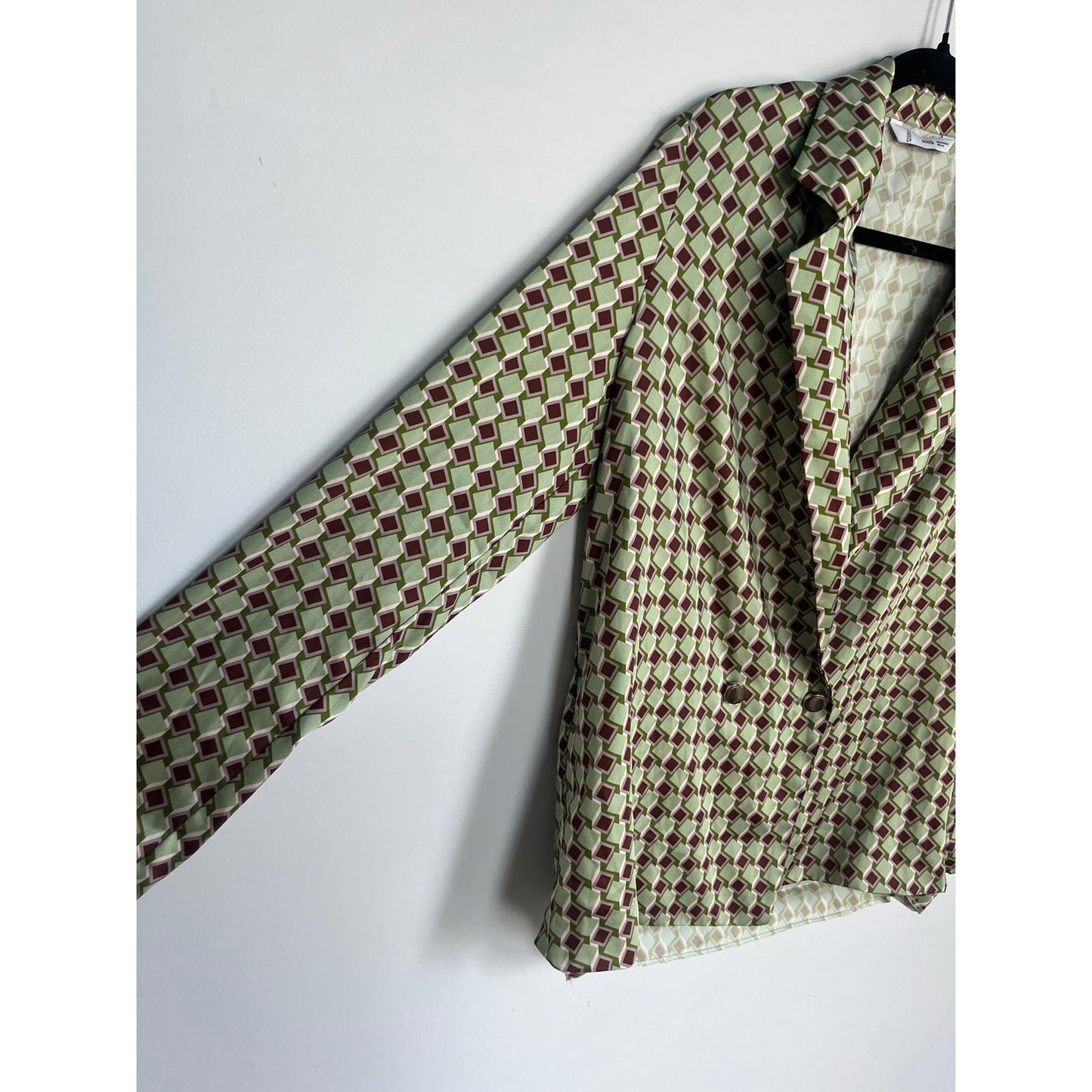 MNG Geometric Blazer Women M Green Brown Satin Diamond Print Lightweight Retro