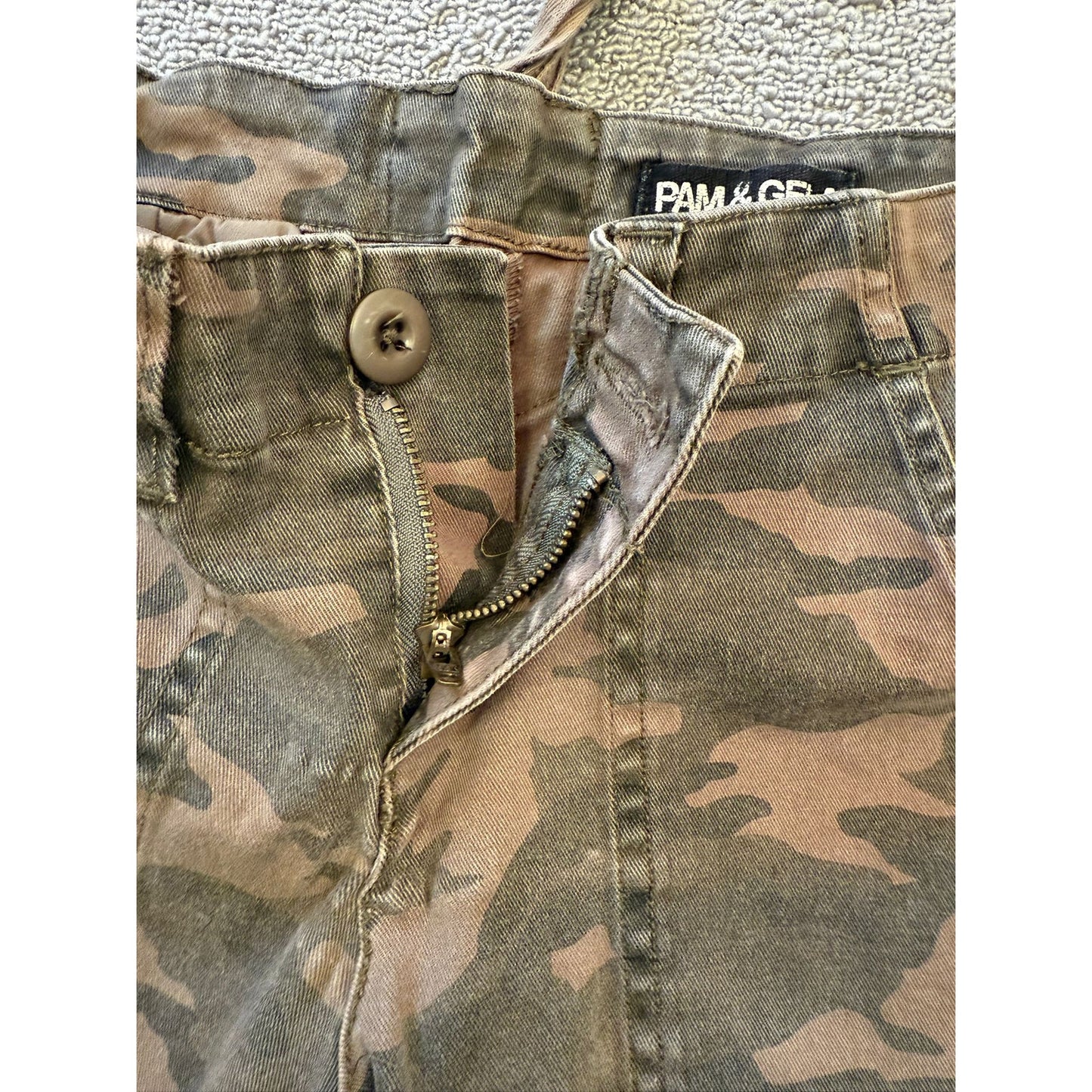 PAM & GELA Women's 24 Camo Camouflage Red Yellow Stripe Distressed Pants