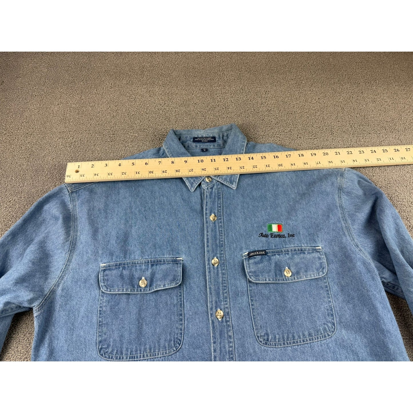 Y2K Dickies Denim Shirt Blue L Button Down Embroidered Auto Erotica Italy Flag