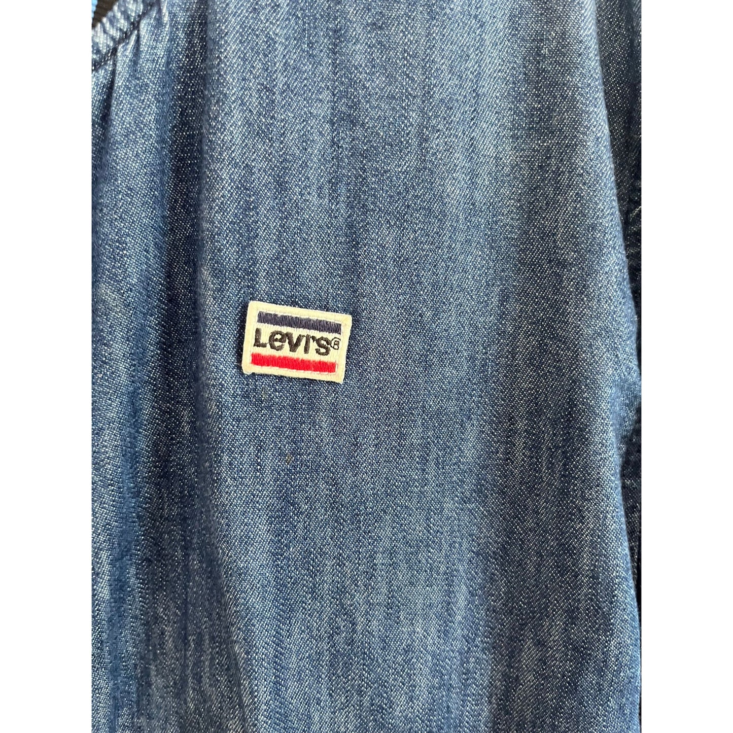 Levis Bomber Jacket Women S Blue Denim Zip Front Red Stripe Trim Retro Logo