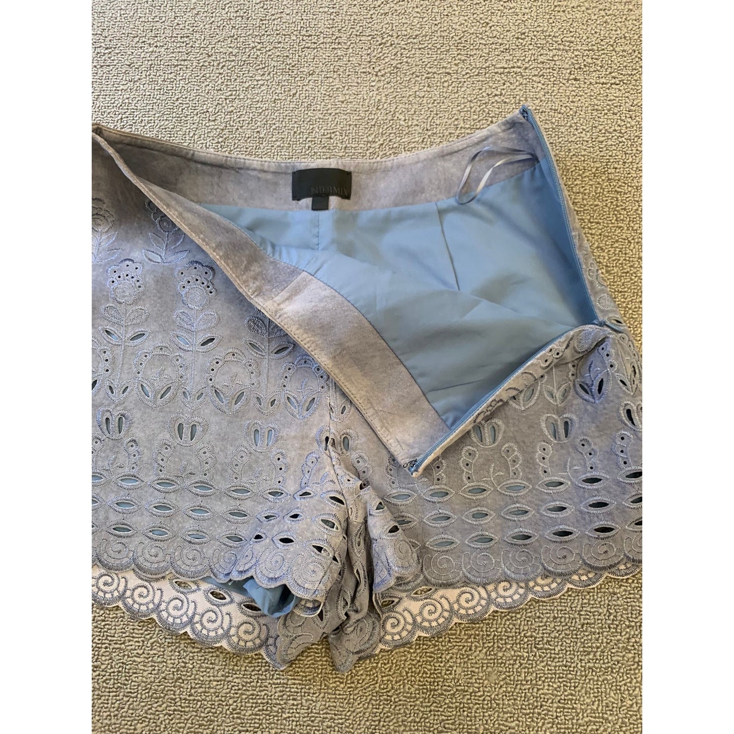 INTERMIX Women's Suede Shorts S Blue Floral Laser Cut Scalloped Hem High Waist
