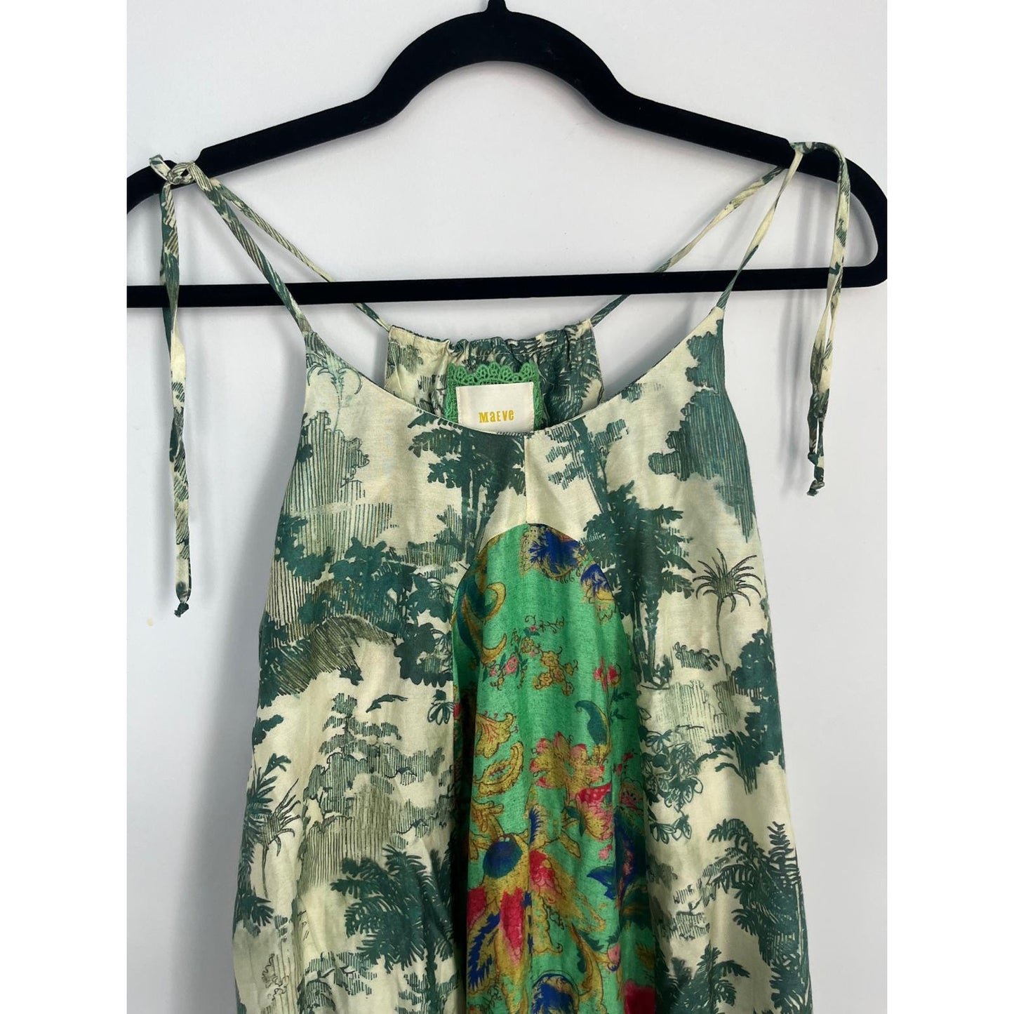Maeve Sundress Women XS Green Scenic Print Tie Strap Boho Summer Dress