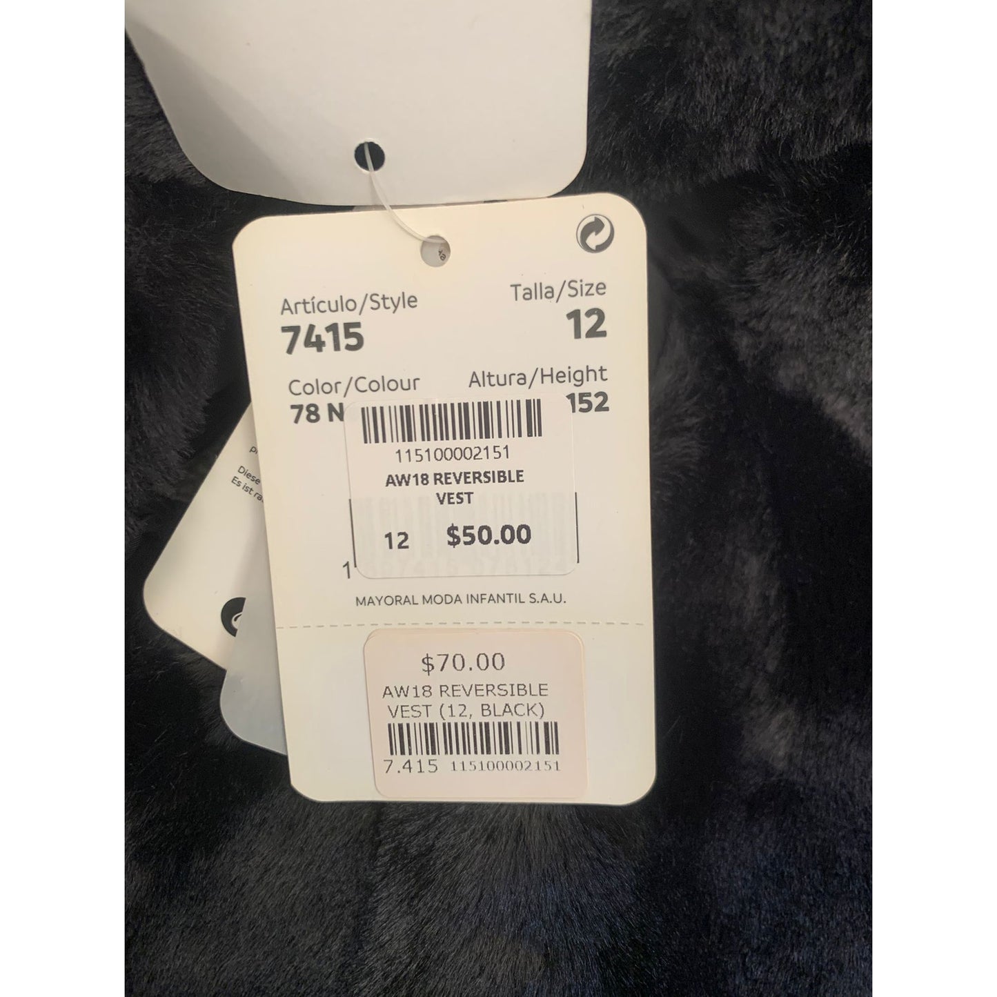 Mayoral Girls Size 12 Black Reversible Puffer Vest Outerwear
