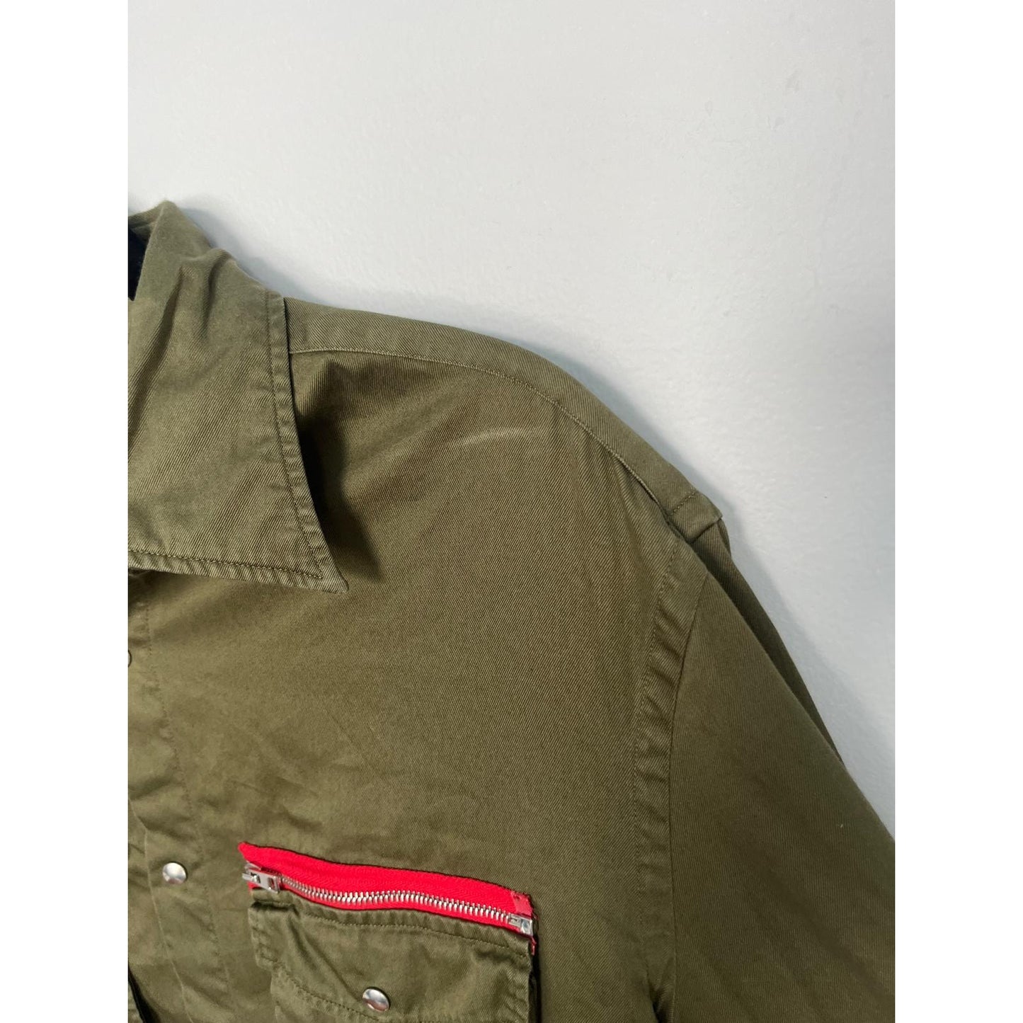 Michael Bastian Button Shirt Men 15.5 Green Cotton Red Zipper Pocket Long Sleeve