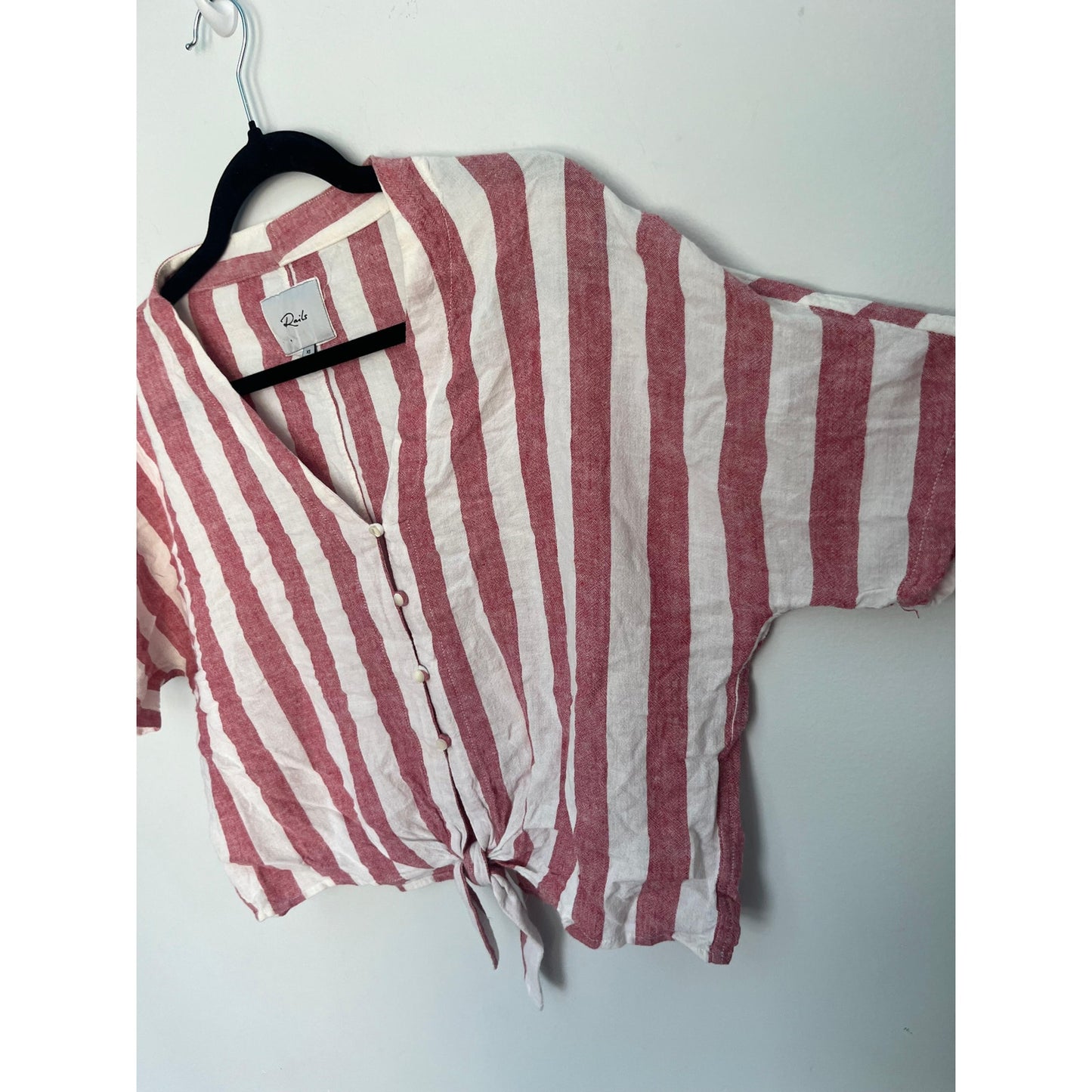 Rails Striped Button Front Shirt Women XS Red White Linen Tie Hem Summer