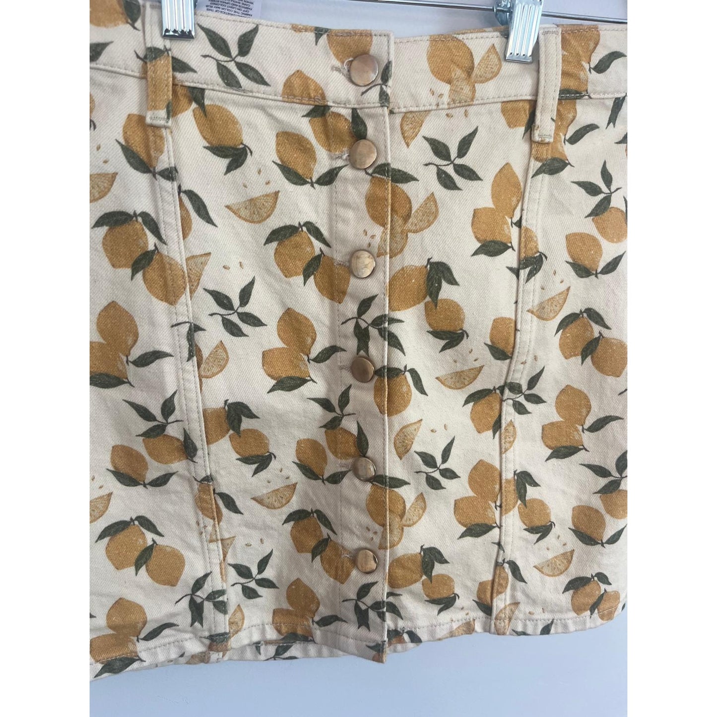 Reformation Denim Skirt Women XS Lemon Print Button Front Summer Yellow