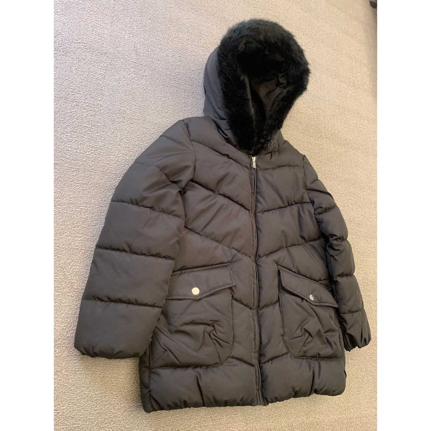Mayoral Girl's Size 10 Black Hooded Puffer Jacket With Faux Fur