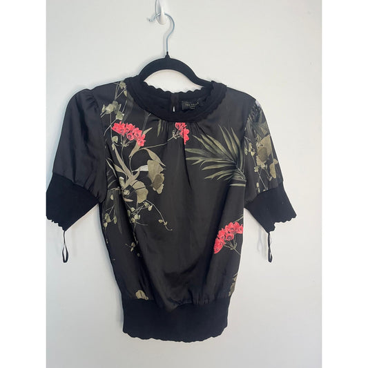 Ted Baker Floral Puff Sleeve Blouse Women Size 1 Black Red Tropical Top