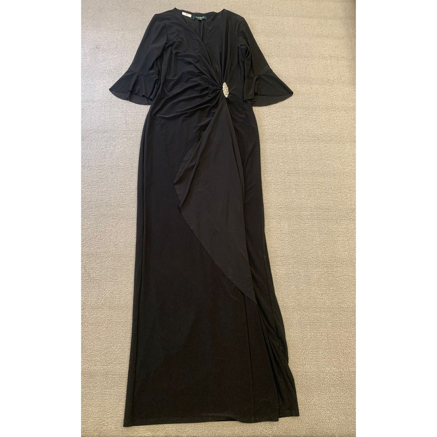 Lauren by Ralph Lauren Evening Dress Size 10 Womens Solid Black Crystal Brooch
