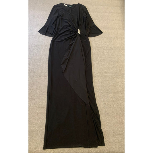 Lauren by Ralph Lauren Evening Dress Size 10 Womens Solid Black Crystal Brooch