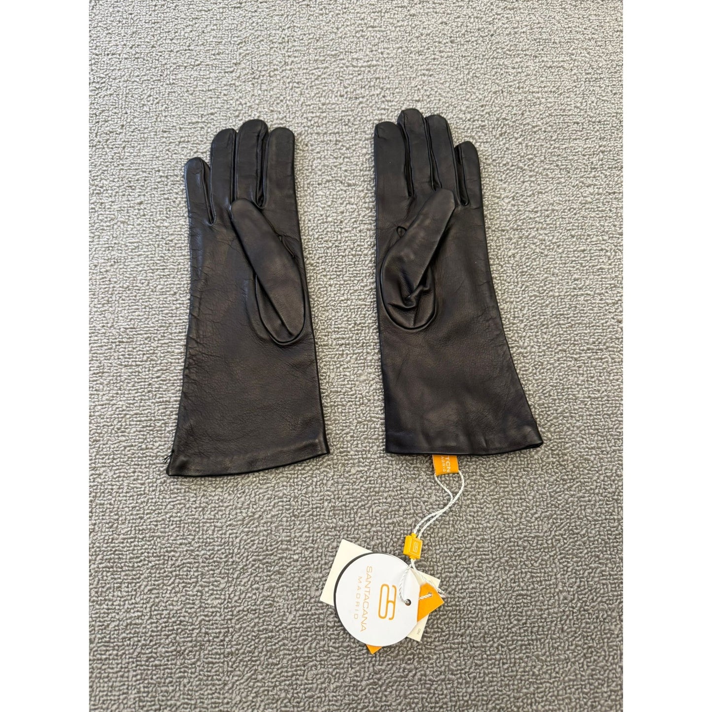 Santacana Madrid Women 7M Black Leather Gloves Lined Lambskin Spain Fabric