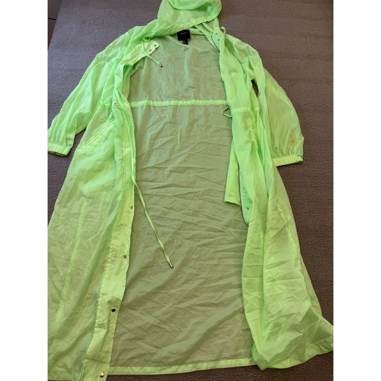 Forever 21 Women's Size S Neon Green Hooded Raincoat Trench Coat