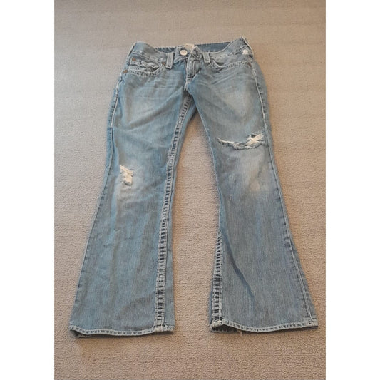 True Religion Womens 32 Light Wash Blue Bootcut Distressed Ripped Jeans