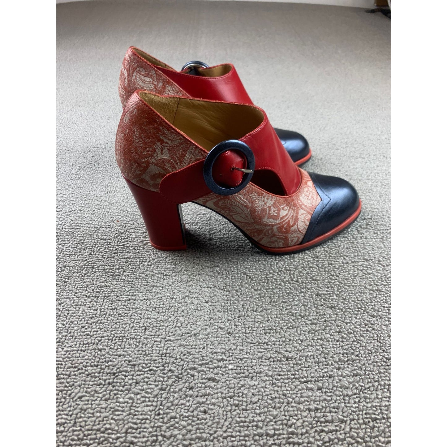 John Fluevog Women's 7 Red Black Patterned Mary Jane Pump Heels
