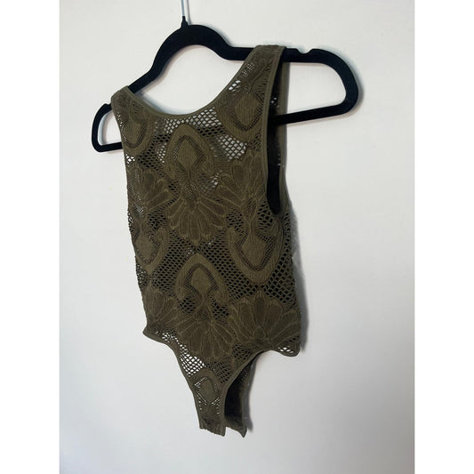 Zara Mesh Lace Bodysuit Women XS Olive Green Floral One Piece Festival Layering