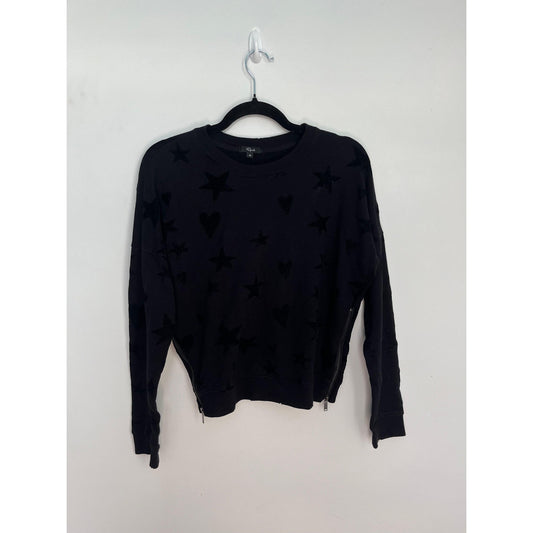 Rails Star Heart Print Sweatshirt Women XS Black Crewneck Pullover Zipper Hem