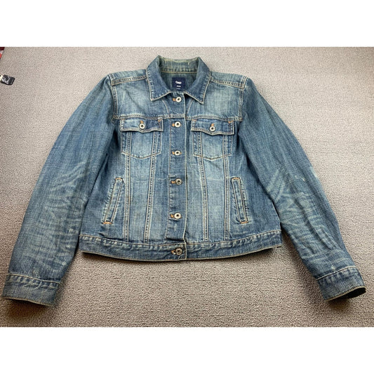 Vintage Y2K Gap Women's Large Blue Washed Distressed Fit Denim Jacket