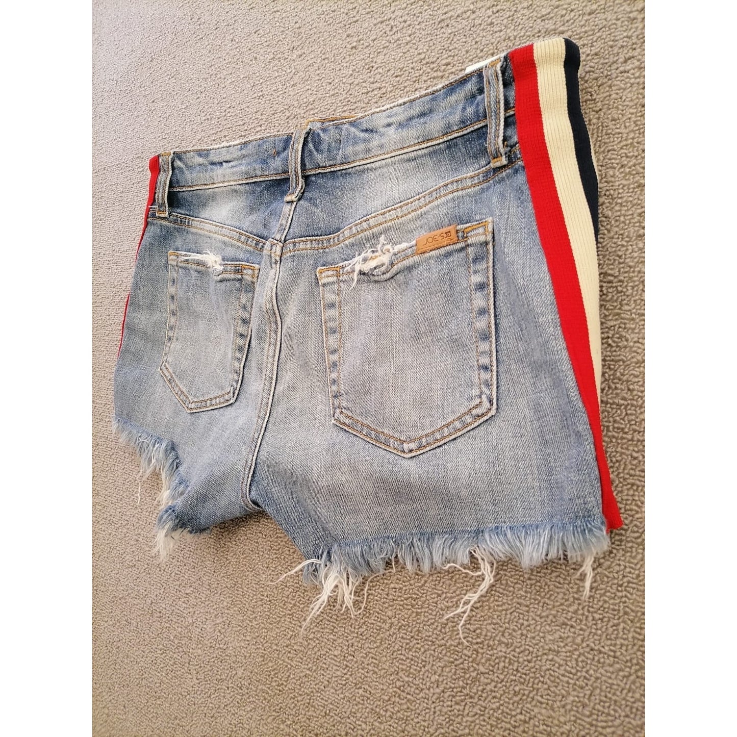 Joe’s Women’s 29 Denim Cutoff Shorts – Blue Hem with Red White Side Stripes