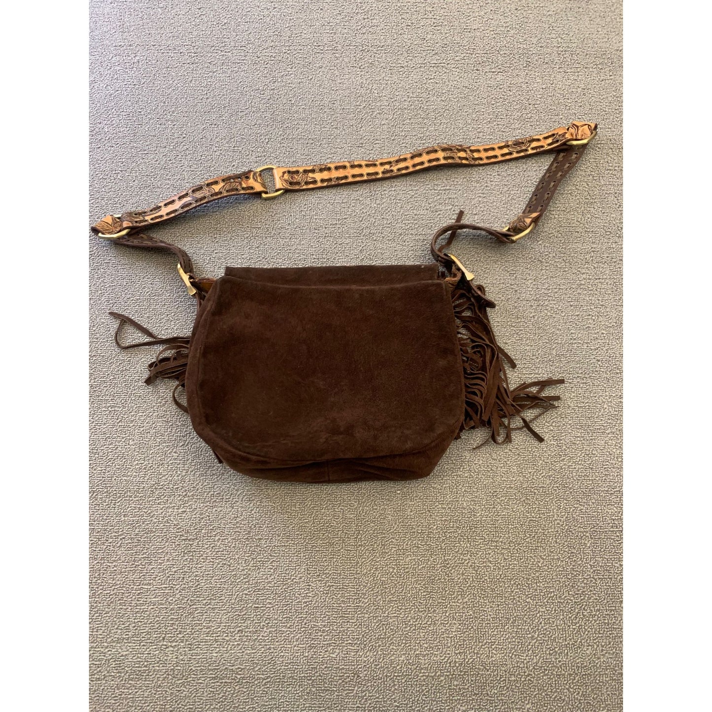 Isabella Fiore Women One Size Brown Suede Fringe Messenger Bag Floral
