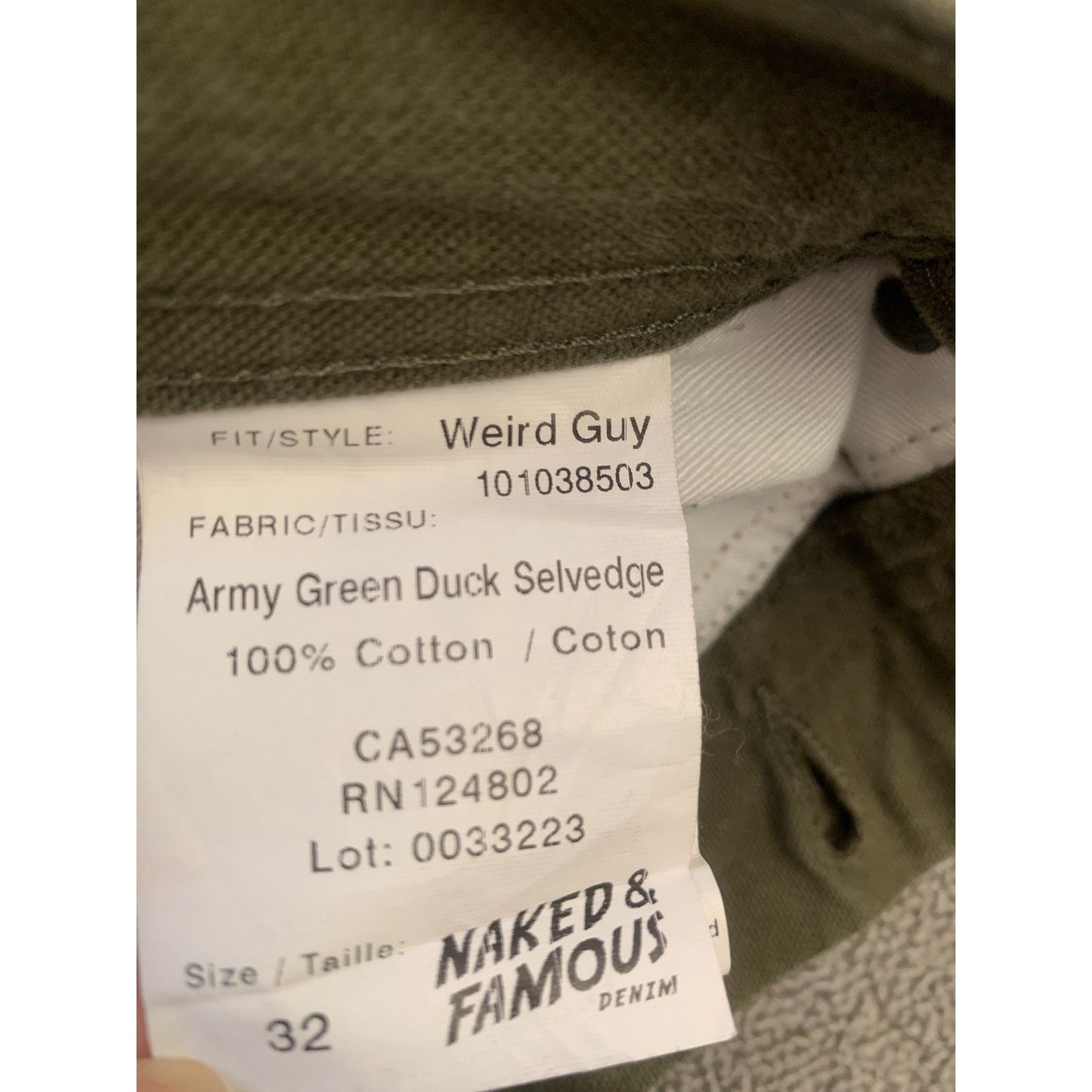 NAKED & FAMOUS Men's 32 Weird Guy Army Green Duck Selvedge Jeans