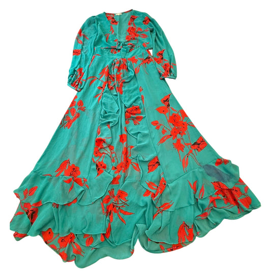 LUXXEL Turquoise Red Flower Set Size Small Flowey Skirt And Shirt