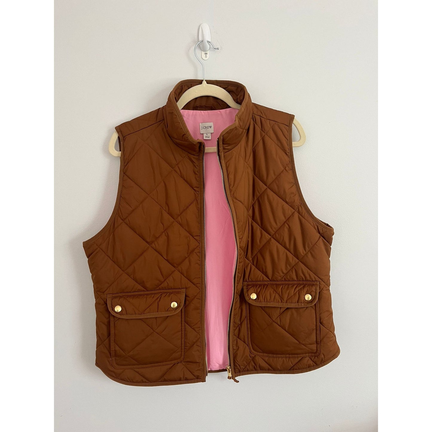 J.Crew Quilted Vest Womens Large Brown Puffer Sleeveless Zip Gold Snap Outdoor