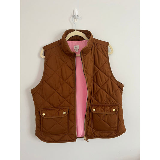 J.Crew Quilted Vest Womens Large Brown Puffer Sleeveless Zip Gold Snap Outdoor