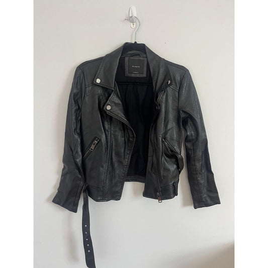 Elodie Faux Leather Moto Jacket Women XS Black Biker Zip Belted