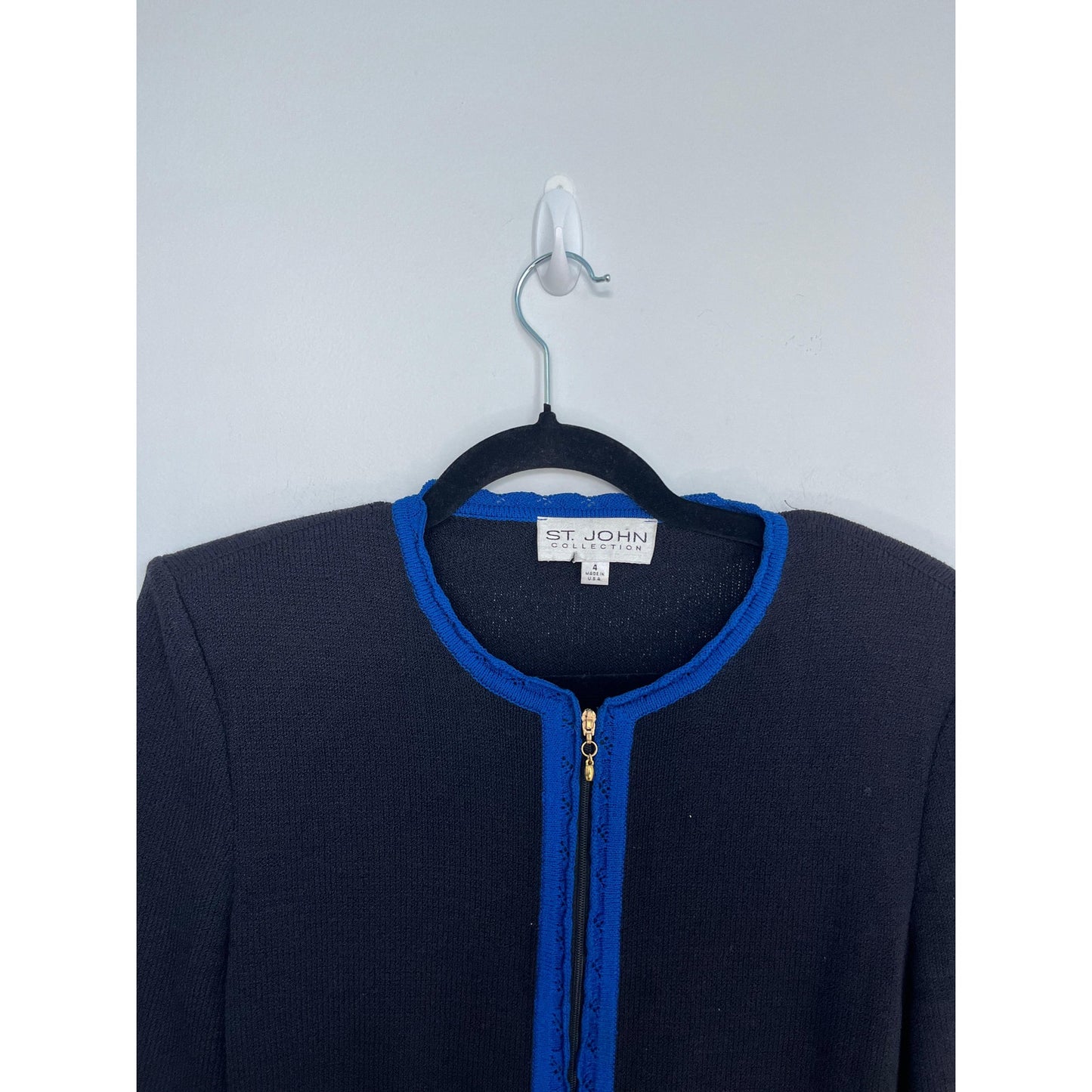 St John Collection Knit Blazer Jacket Women 4 Navy Blue Contrast Trim Zip