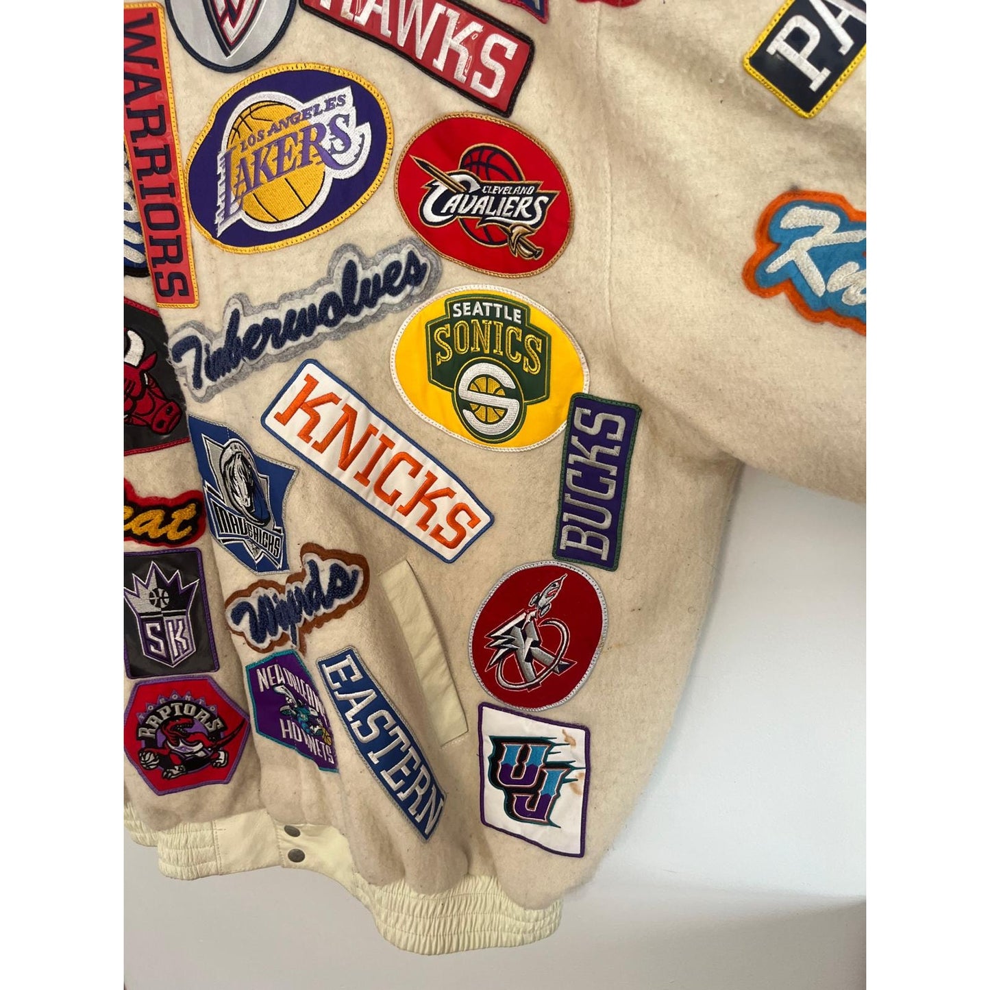 Jeff Hamilton Jacket Men XL Cream NBA All Teams Patch Wool Bomber