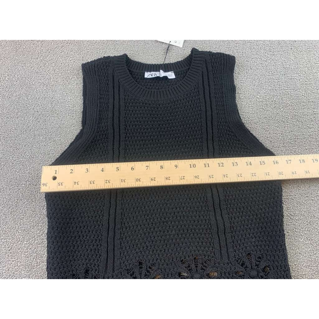 Zara Sweater Vest Women L Black Knit Crewneck Sleeveless Crochet Hem NWT