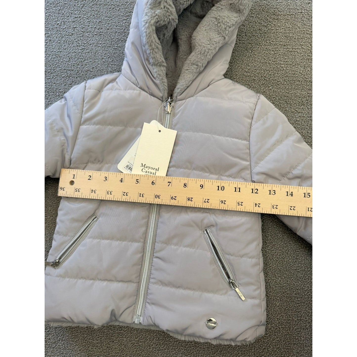 Mayoral Casual Girl Kids Size 2 Reversible Faux Fur Puffer Jacket Grey Pearl