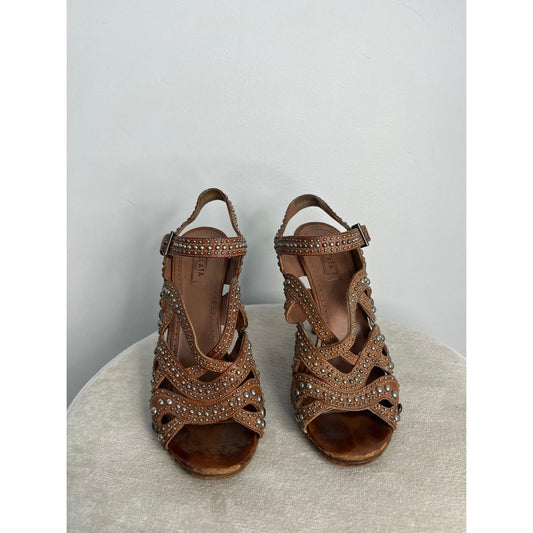Alaia Studded Leather Heeled Sandals Women US8 Brown Strappy High Heel