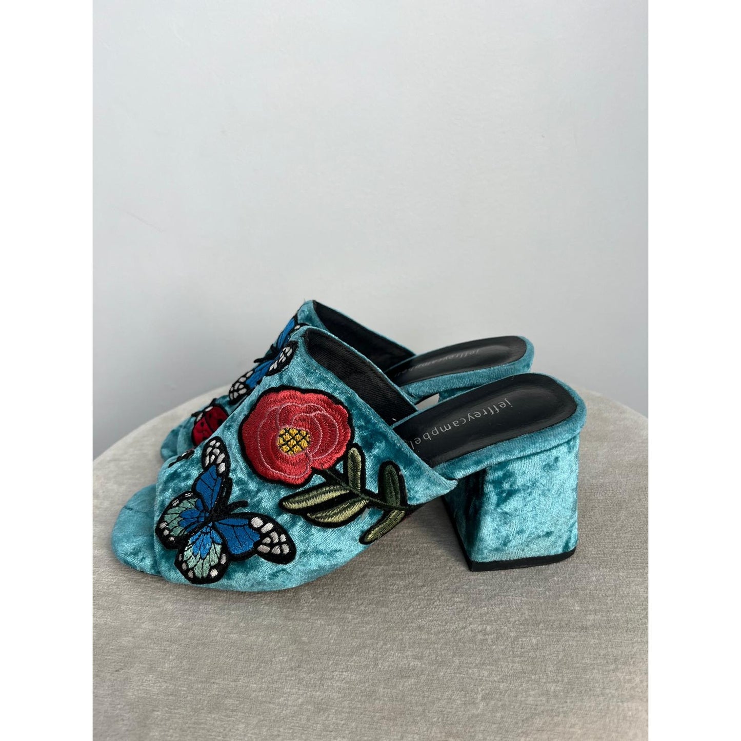 Jeffrey Campbell Velvet Embroidered Women 6 Blue Floral Butterfly Block Heel