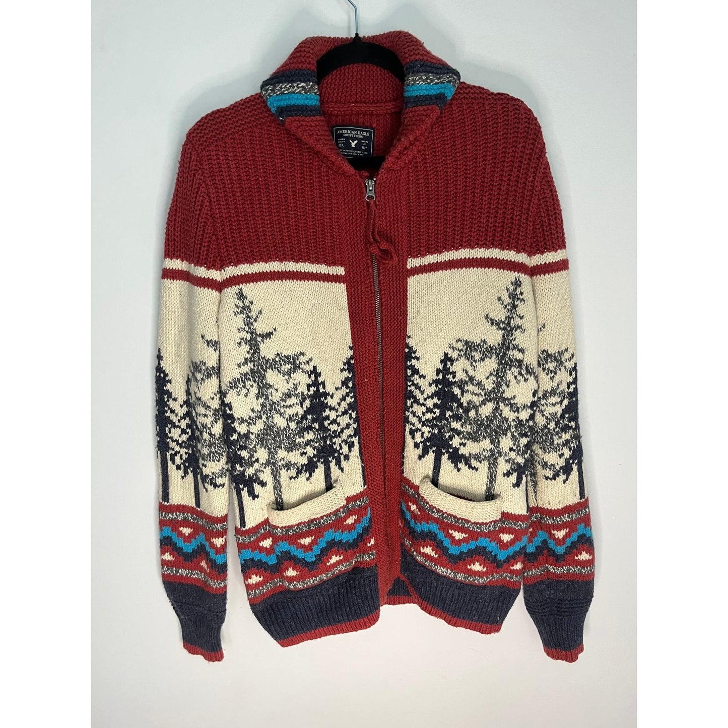 American Eagle Cardigan Women XS Knit Sweater Red Winter Fair Isle Zip Trees