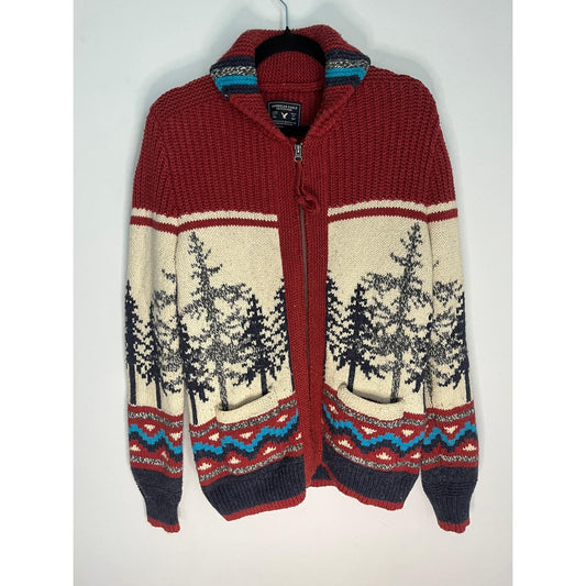 American Eagle Cardigan Women XS Knit Sweater Red Winter Fair Isle Zip Trees