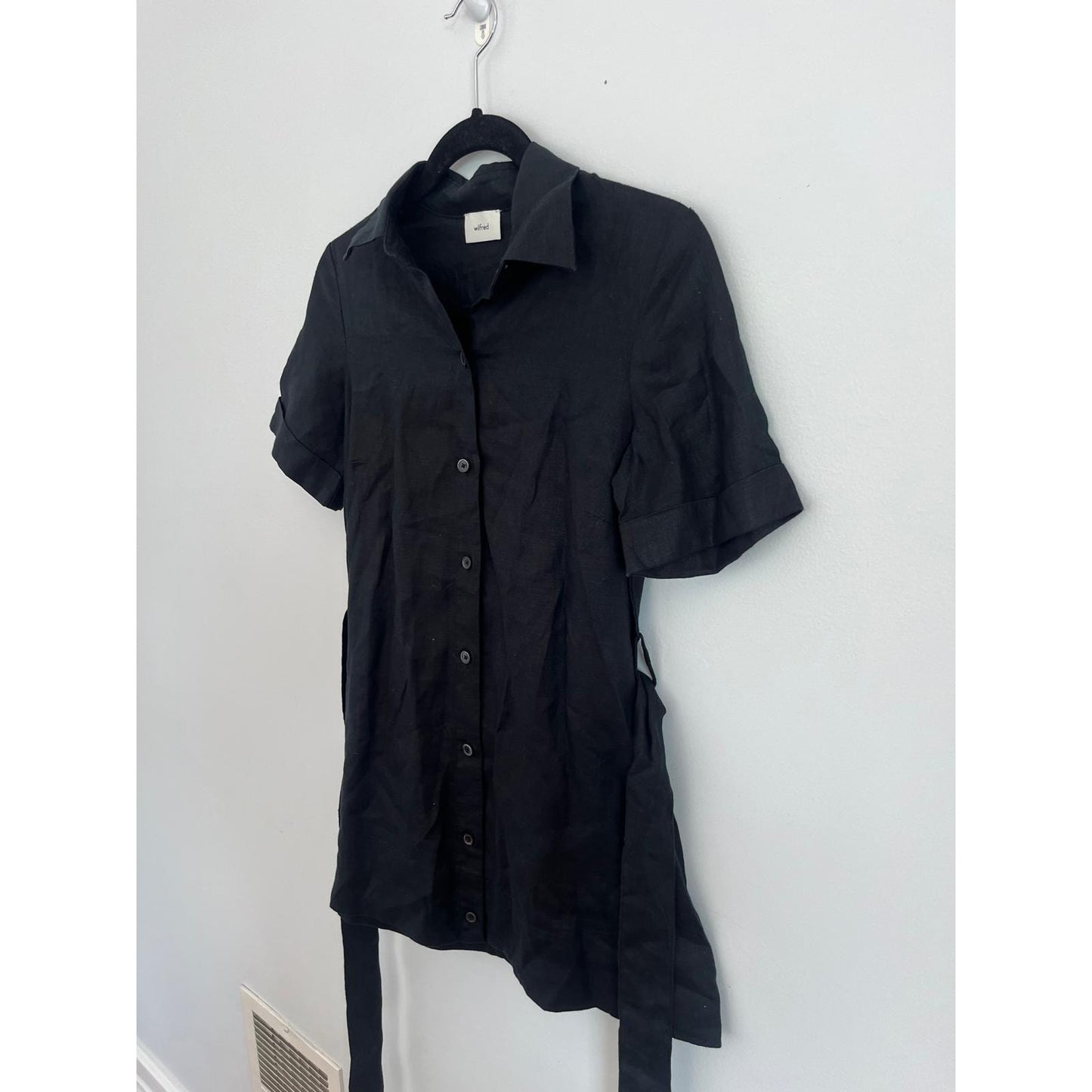 Wilfred Button Up Shirt Dress Women 2XS Black Linen Short Sleeve Belted