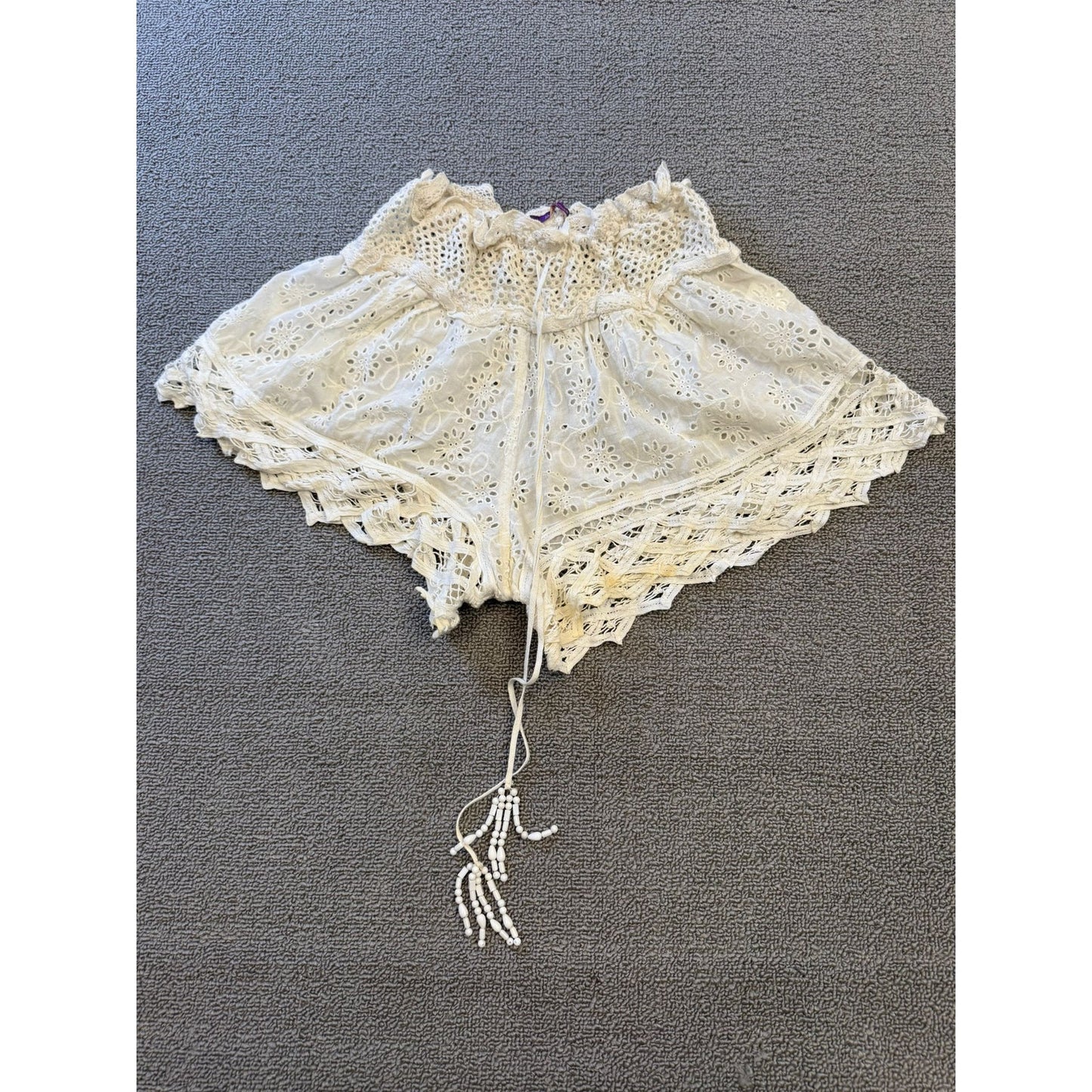 Boho Crochet Lace Eyelet Shorts  Women XS White Summer Beachwear