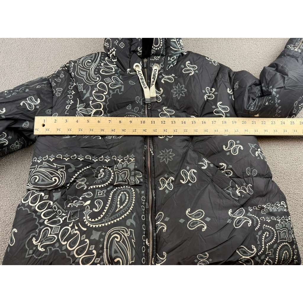 KHRISJOY Puffer Jacket Women 2(L) Black Down Hooded Bandana Print Italy Madede