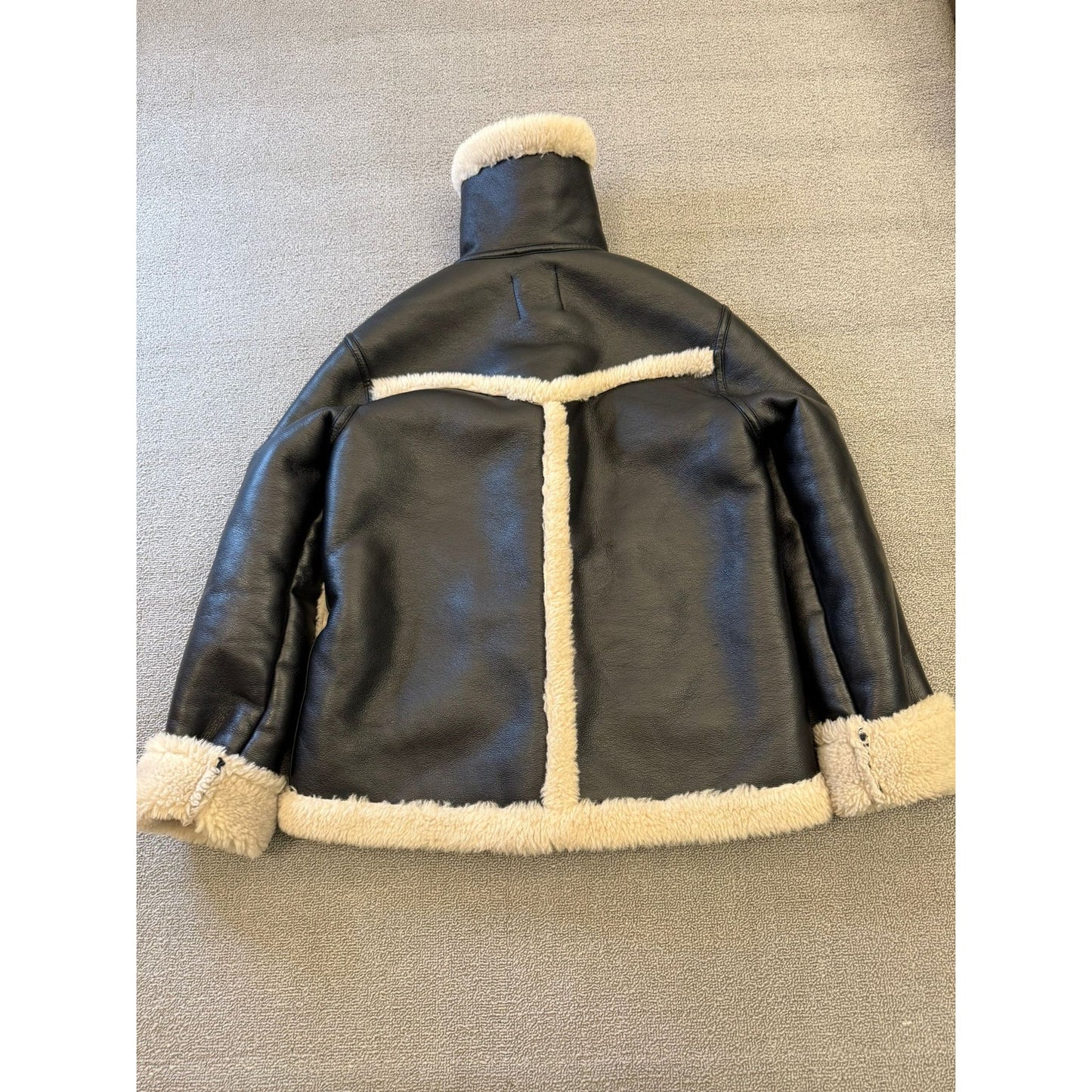 MNG Mango Women's XS Black Faux Leather Shearling Bomber Biker Jacket Warm Coat