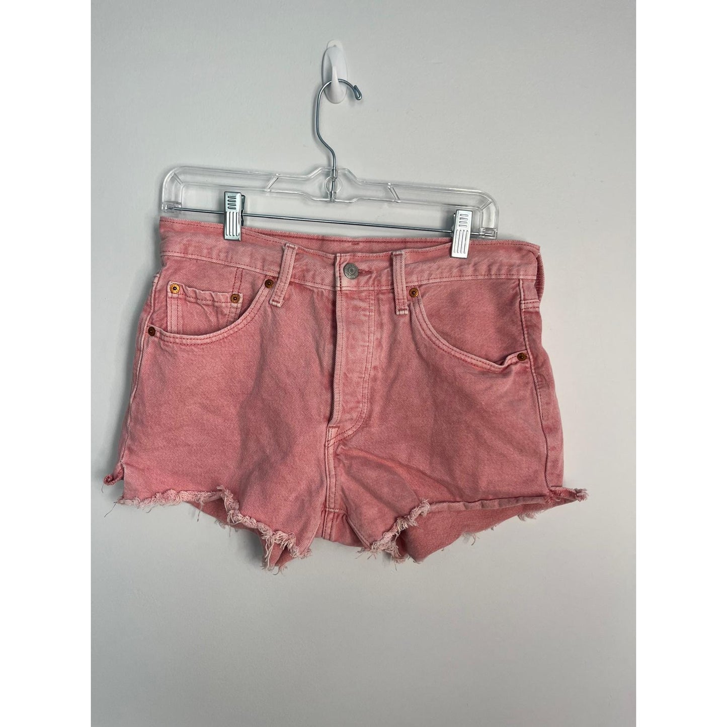 Levis 501 Cutoff Shorts Women Large Pink Frayed Hem Distressed Denim